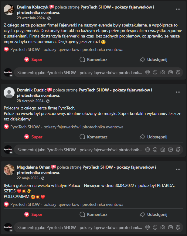 Pokazy fajerwerków na wesele - klienci opinie klientów PyroTech